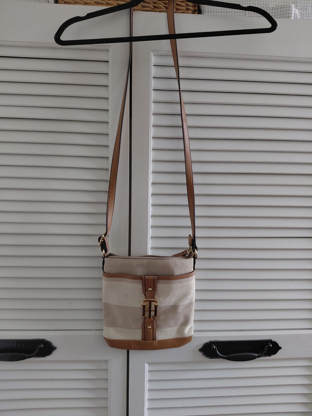 Tommy Hilfiger Beige Canvas Crossbody Bag with Tan Leather Trim